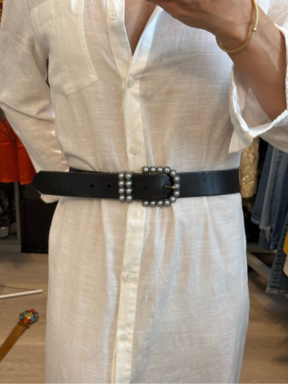 Patricia Nash Black Pearl-Studded Leather Buckle Belt